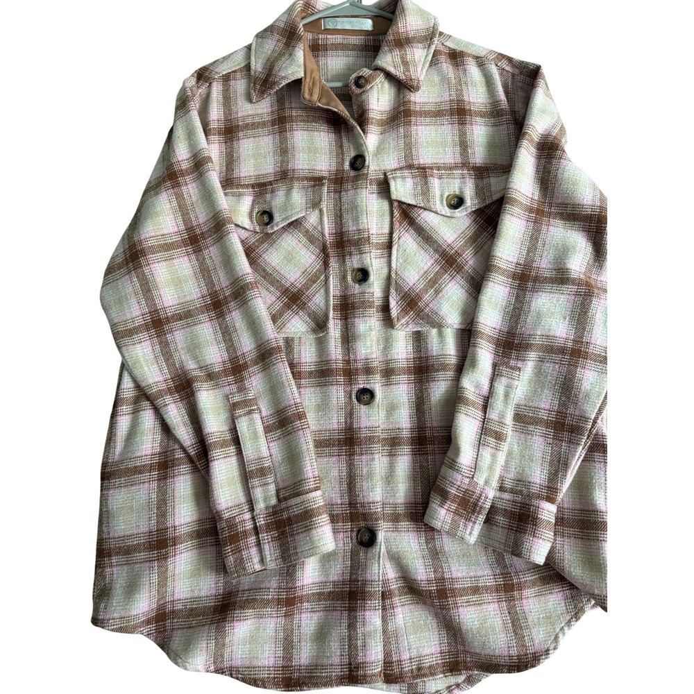 Finicky Filly Pink Brown Plaid Flannel Button Down Shacket Women Size S
